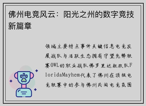 佛州电竞风云：阳光之州的数字竞技新篇章
